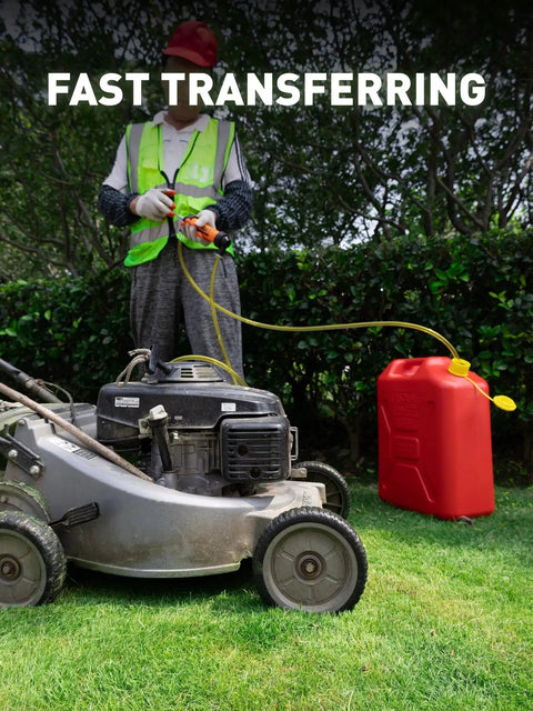 Manual Gasoline Transfer Siphon Pump With Shark Bite Connection used to refuel lawn mower from red gas can
