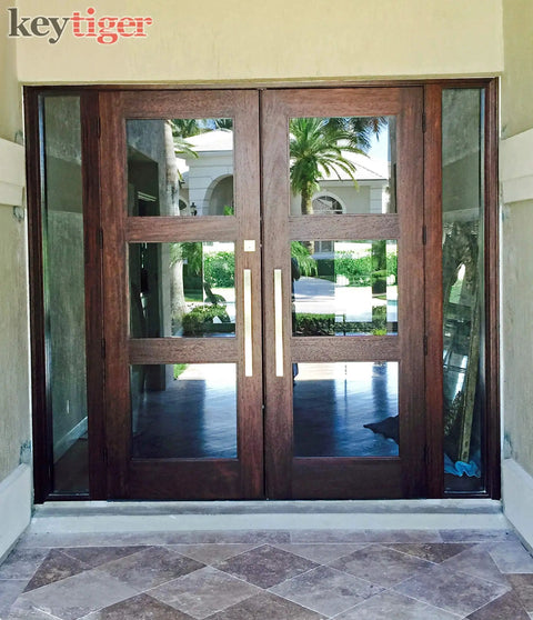 16 Inch Modern Stainless Steel Door Handle Pulls In Chrome Mirror Polish Finish For Wood Glass And Metal Doors installed on double wooden doors