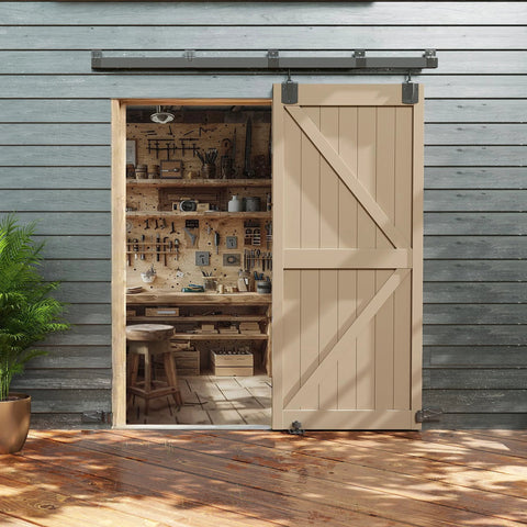 8ft Box Rail Exterior Barn Door Hardware Kit Heavy Duty Black Sliding Track System with wall mount, installed on shed