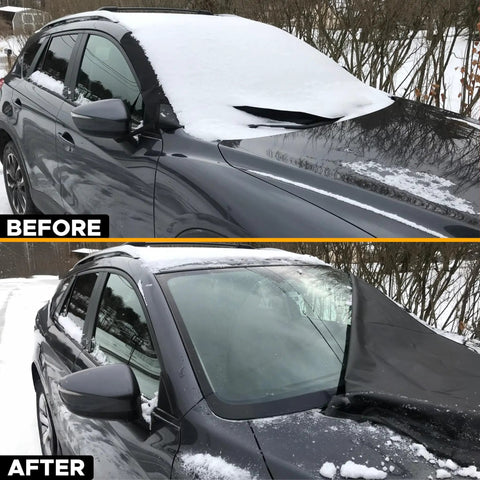 Windshield Cover For Ice And Snow Universal Fit For Car SUV And Truck Heavy Duty 600D Oxford Fabric Frost Protector With Anti Theft Straps Medium 69 By 42 Inches Keeps Windshield Clear, before and after installation on a black SUV.