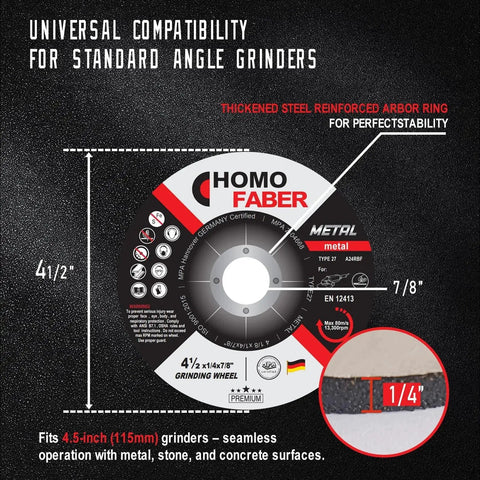 Four And A Half Inch Thick Grinding Wheels For Metal And Stainless Steel General Purpose Depressed Center Discs For Angle Grinders 25 Pack Durable Aluminum Oxide Abrasive For Metalworking By Homo Faber