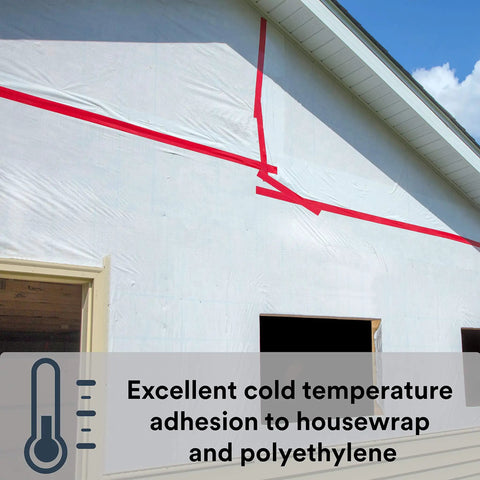 Construction Seaming Tape 8087CW applied to housewrap on building exterior, demonstrating UV resistance and cold-temperature adhesion.