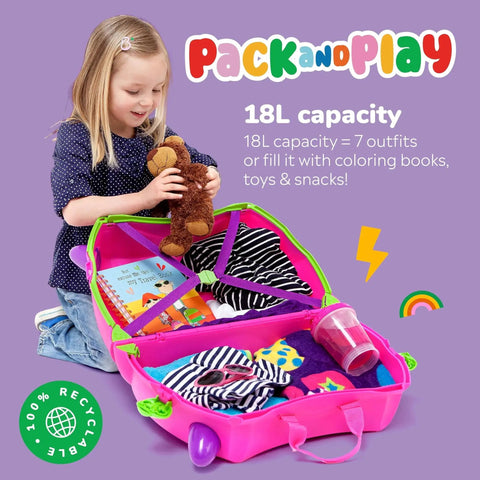 Ride On Kids Suitcase For Travel And Fun Tow Along Toddler Luggage With Wheels Carry On Cute Pink Bag open with toys and clothes