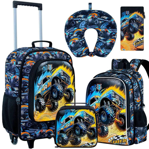 Five Piece Kids Suitcase Set For Boys 18 Inch Truck Themed Carry On Luggage With Wheels, backpack, neck pillow, and toiletry bag