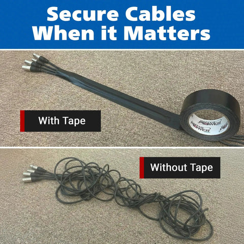 Professional Gaffer Tape 2 Inch By 30 Yard Non Reflective Heavy Duty Black securing cables in comparison image