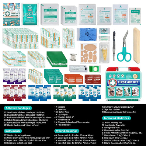 225 Piece Portable First Aid Kit With Ice Pack And Bandages Gauze Pads For Home Car Travel Outdoor Emergency Medical Supplies SuccorWare