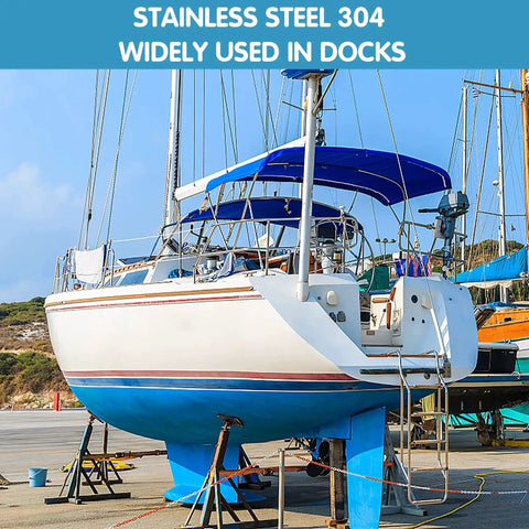 Stainless steel 304 used in docks with a boat on a lift in a marina setting, showcasing durable marine application.
