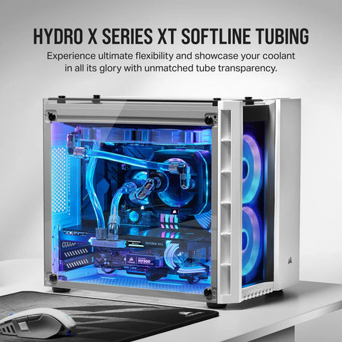 Corsair Hydro X Series Xt Softline clear tubing installed in a white PC tower with blue coolant and RGB fans.