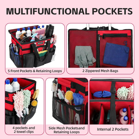 Rolling Cleaning Caddy With Wheels Large Capacity 40L, showing multiple pockets for tools and supplies.