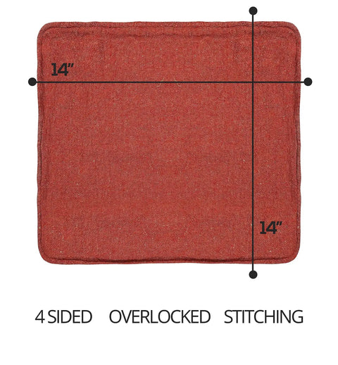 Red Linen Cotton Shop Towels Pack Of 150, 14 by 14 inches, showing overlocked stitching and dimensions for home and industrial use.