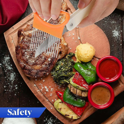 Four Piece Onion Holder And Slicer Set For Safe Mess Free Prep being used on steak with vegetables on a wooden plate.
