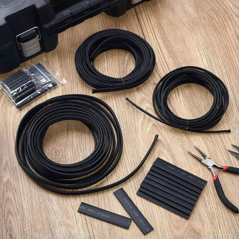 Expandable Braided Cable Sleeve Kit Made From PET 50Ft Total Includes 1/2 Inch 1/4 Inch And 3/8 Inch Sizes Black 3 Rolls