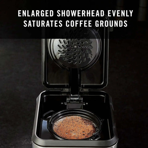 Programmable Coffee Maker With Glass Carafe, 14 Cup Capacity, Stainless Steel Finish showing interior showerhead design.