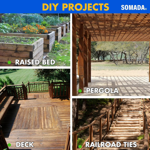 Collage of DIY projects including raised bed, pergola, deck, and railroad ties, showcasing outdoor wooden constructions.