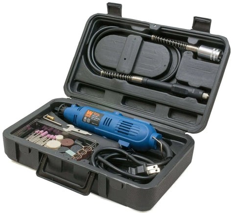 All Purpose Rotary Tool Kit With Flex Shaft From WEN, 80 Piece Accessory Set, Variable Speed 8000 To 30000 RPM in carrying case open view