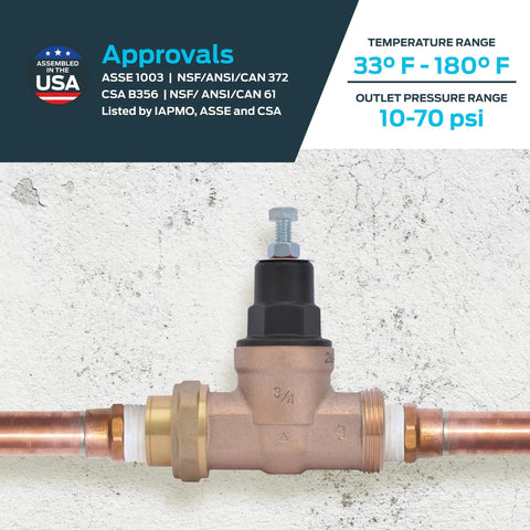Cash Acme 3/4 in EB45 single union pressure regulator valve on copper piping, brass body, 45 psi