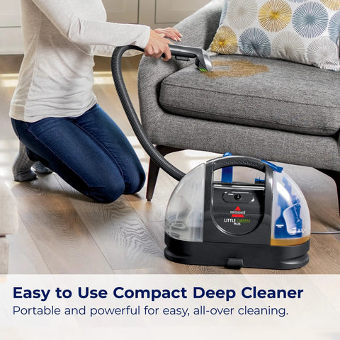 Little Green Plus Portable Carpet Cleaner For Carpet And Upholstery With Stain Brush And Self Cleaning Hydrorinse 15 Foot Cord Powerful Spray And Suction For Quick Cleanups in use, cleaning a stain from carpet.