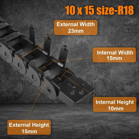 Drag Chain Cable Carrier For 3D Printer And CNC Router Mill, 39.3 Inch Length, 10 X 15mm Inner H X W, R18 Bridge, size details shown