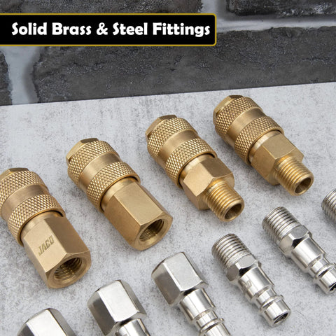 JACO Hi-Flo quick-connect air hose fittings set: brass & steel, 1/4 in NPT, Type V plug & coupler kit, 12 pieces