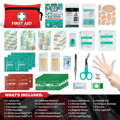 Must Have 110 Piece Mini Grab And Go First Aid Kit with supplies in red case, includes scissors, bandages, and emergency foil blanket.