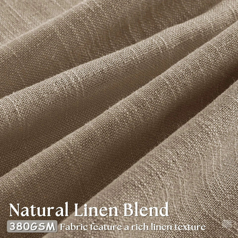 Close-up of natural linen blend fabric, showing texture and quality for Farmhouse Tan Brown Linen Curtains 102 Inches Long 2 Panels With Pinch Pleat Drape Hooks And Rings For Track System Thick 380 GSM Linen Blend Light Filtering For Living Room Bedroom Or Patio Door Rustic Home Decor.