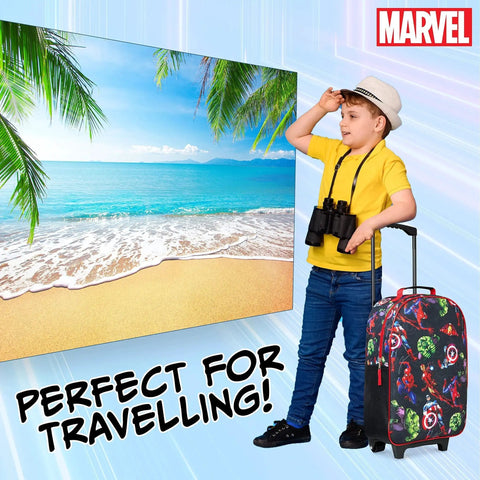 Child with Spiderman And Marvel Avengers Foldable Kids Suitcase Carry On Luggage With Wheels by a beach backdrop