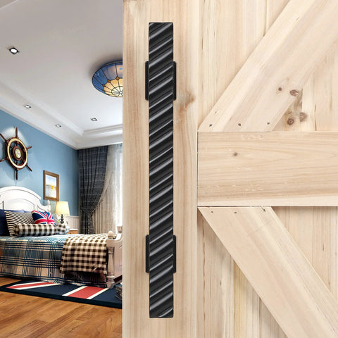 Solid Brass Sliding Barn Door Handles Set, 12 Inch Heavy Duty, Two Sided, Black Finish, Ergonomic Chamfered Edge Installed on Door