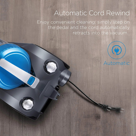 Eureka blue bagless canister vacuum cleaner, lightweight for carpets and hard floors, with automatic cord rewind.