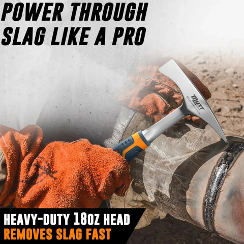 Person using 14oz Forged Steel Welding Chipping Hammer For Pros With Dual Ended Pointed And Flat Ends Heavy Duty Slag Removal Tool for post weld cleanup.