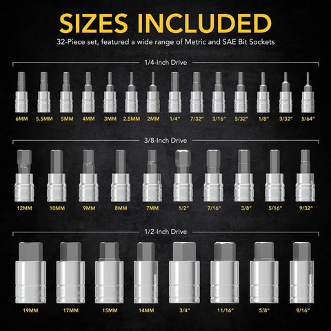 Beefy 32 Piece Hex Bit Socket Set With SAE And Metric Sockets, Hardened S2 Alloy Steel, showing various sizes included
