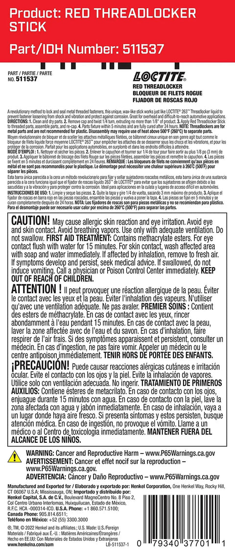 Back view of package for Red High Strength Threadlocker Stick For Automotive And Industrial Bolts 9 Gram Loctite 37701 with warnings and instructions.
