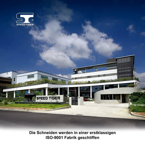 Exterior view of Speed Tiger ISO-9001 certified manufacturing facility with company logo and building signs.