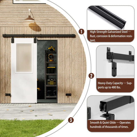 Exterior Barn Door Hardware Kit With Door 96 By 84 Inches K Frame 16 Foot Heavy Duty Black Sliding Track System Waterproof And Rustproof Easy Install For Warehouse And Garage Pine Door installed on wooden exterior wall, showcasing close-up of rustproof track system and heavy-duty capacity details.
