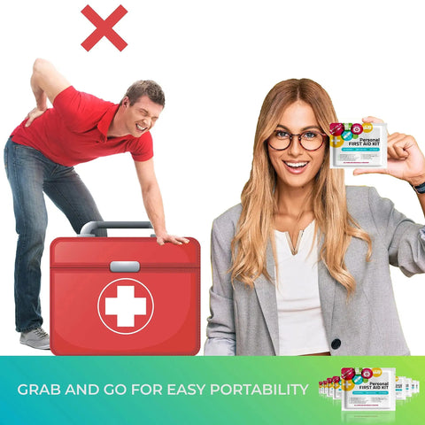 Woman holding Mini Travel First Aid Kit Emergency Medical Kit, highlighting portable design for home, office, and travel use.