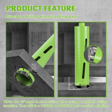 Two And A Half Inch Dry Core Drill Bit With Pilot Bit And Dual Adapters For SDS Plus And Hex Five Eighth Eleven Threaded Diamond Core Bit For Concrete Brick And Masonry Ten Inch Drilling Depth By Betteri shown drilling into concrete at a 15-degree angle.