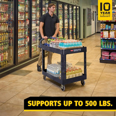 Two Shelf Foam Utility Cart With Lipped Shelves And Ergonomic Handle Black 500 lb capacity in a store carrying drinks