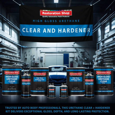 1.25 Quarts 2K Urethane Clear Coat Kit With 4 To 1 Hardener For Gloss Refinish displayed in an auto shop setting