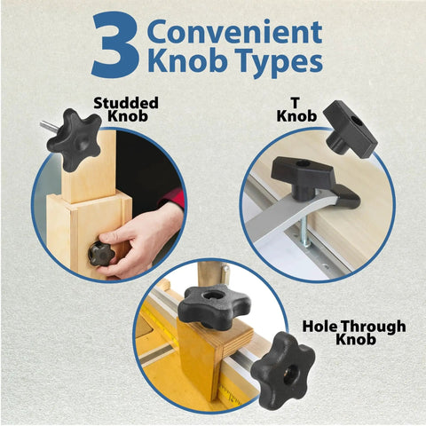 Image showing 3 types of knobs: studded knob in use on wood, T knob on a track, and hole through knob for woodworking with 46 Piece T Track Bolts And Knobs Kit With 1/4-20 Bolts And Threaded Knobs For Woodworking Includes T Nuts And Inserts Ideal For Building Custom Jigs And Fixtures Complete T Track Hardware Set For Woodworking Projects.