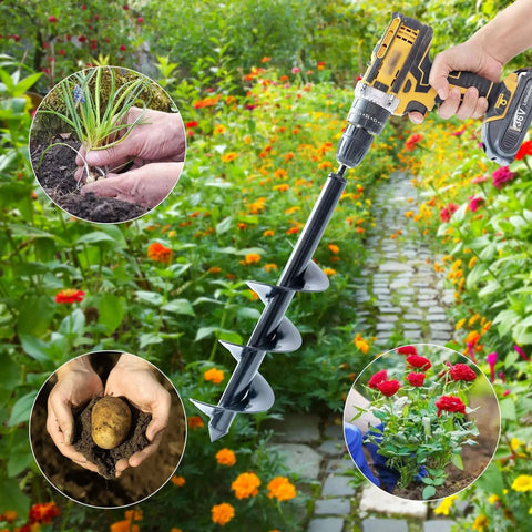 Set Of 4 Bulb Planting Auger Bits For Drill Three Eighths Inch Hex Drive 1.6x9 2.4x12 3.2x16 And 4x16 Inches Digs 16 Inch Deep Holes Up To 3.5 Inches Wide For Tulips Bulbs Bedding Plants Seedlings And Weeding with drill and garden background