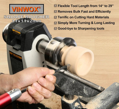 Carbide Wood Lathe Tool Set for Pen Turning with Swan Neck Hollower Rougher Finisher and Detailer Aluminum Handles 14 To 29 Inches Fine Polished Stainless Shank Rotatable Tips No Sharpening Needed From VINWOX on lathe in use