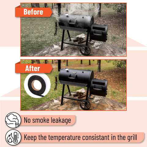 UNCO smoker gasket, 2-pack, 15 ft total, 1/2 in x 1/8 in, black high-temp; before/after on a smoker grill with gasket roll