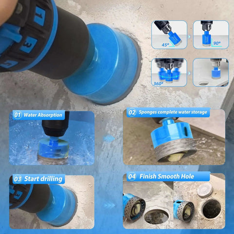 Diamond Tile Hole Saw Kit For Porcelain And Ceramic Tiles 12pc in use on tile surface showing drilling process and clean holes.