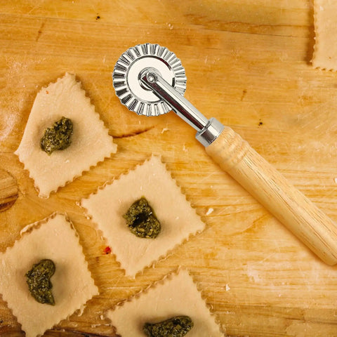 2 Piece Zinc Alloy Crinkle Cutter Set With Long Wooden Handle For Pizza Wheel And Ravioli Press on wooden board with dough