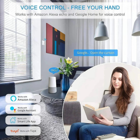 Living room with smart WiFi linear actuator module and Alexa voice control for home automation, woman reading with Tuya app visible.