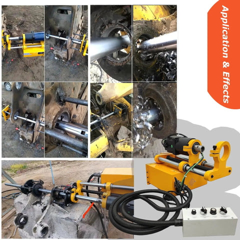 INTSUPERMAI Portable Line Boring Machine 110V Hole Drilling Connecting Rod Boring Machine XDT50, shown with applications and effects.