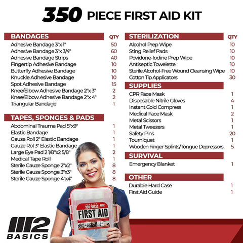 Professional 350 Piece First Aid Kit With Wall Mountable Dual Layer Hard Case displayed with content list and woman holding kit