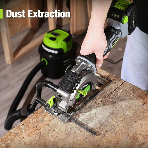Powerful 20V Cordless Mini Circular Saw With Laser Guide cutting wood, showing dust extraction system.