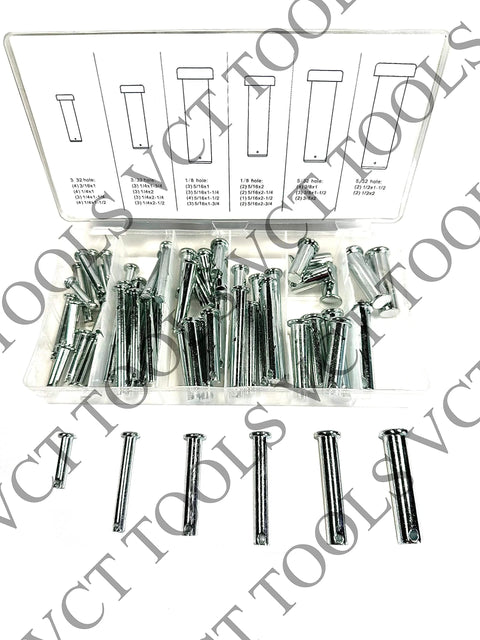 60 Piece Clevis Pin Set With Head For Tractor Hitch In Storage Case Includes Pins With One Eighth Inch And Thirty Second Inch Holes And Five Thirty Second Inch Length Pins From One Inch Up To Two And Three Quarters Inches 21 Sizes in open case