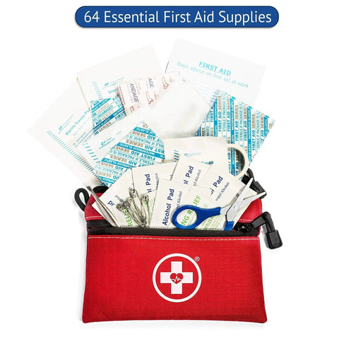 All Purpose 64 Piece 2 In 1 Car Travel First Aid Kit For Home And Outdoors with medical supplies in red nylon case