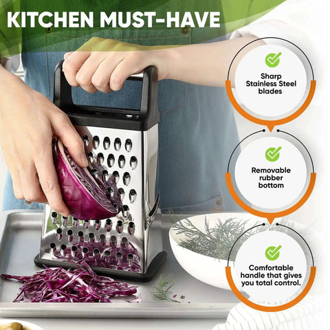 Extra Large Four Sided Stainless Steel Box Grater For Parmesan, Vegetables And Ginger, Dishwasher Safe, easy grating action